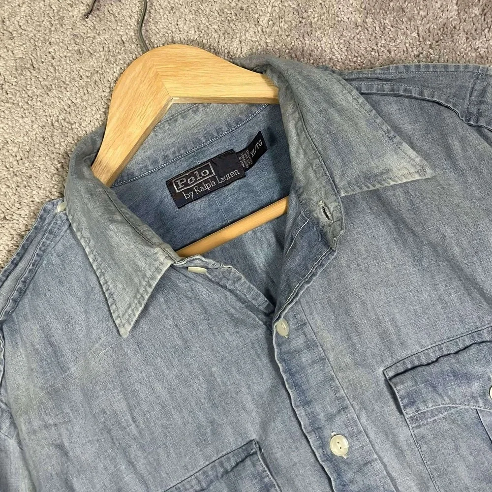 VTG Polo Ralph Lauren Chambray Shirt Mens XL Blue Long Sleeve Utility Workwear